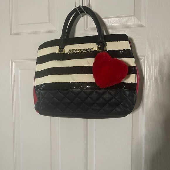 Betsey Johnson Synthetic Black sequins and White Striped satchel red accents - Picture 2 of 13